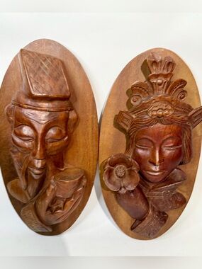Antique Hand Carved Rosewood Wall Art Plaques Oriental Asian 19”x8” Male/Female